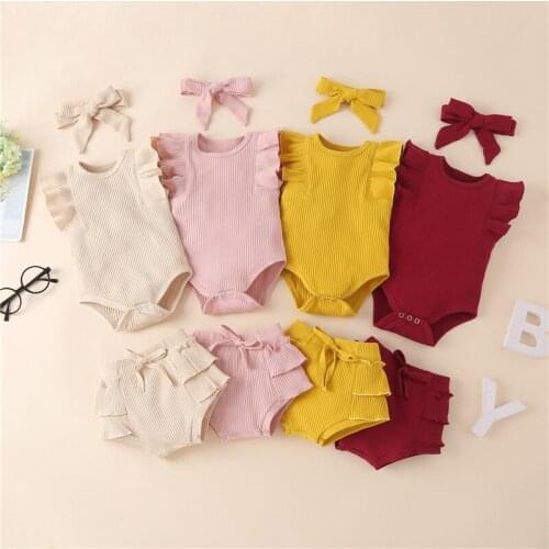 Summer Newborn Baby Girls 3pcs Outfits Clothes Sets Solid Knitted Ruffles Sleeveless Romper High Waist Shorts Headband Suits