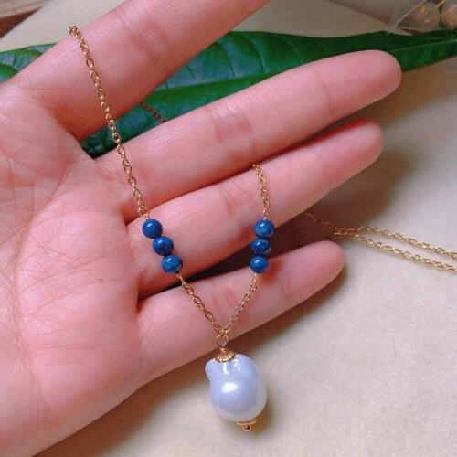 Fashion natural white shell pearl lapis lazuli beads gold necklace Point Gem Necklace Stone temperament energy Pearl