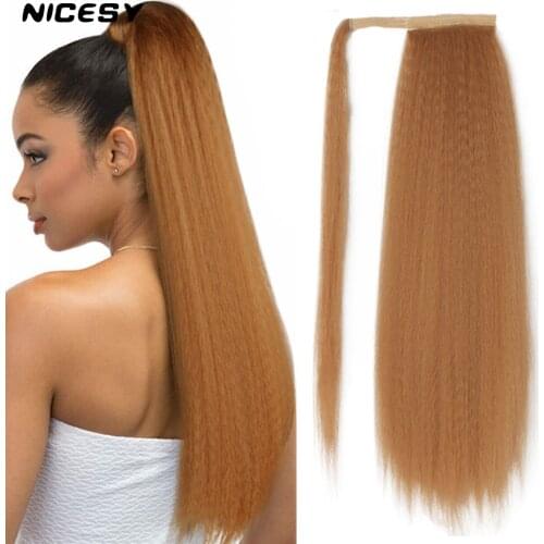 NICESY Kinky Straight Long Hair Synthetic Extension Clip 24in Magic Paste Resistant Wrap Around Hairpieces Yaki Ponytail