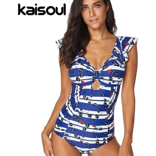 2020 New Plus Size Ruffled One Piece Swimsuit Women Print Navy blue white Striped Swimwear Big Cup Large Backless Bathing Suit