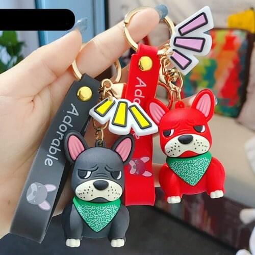New Fashion Brand French Fighting Dog Keychain Cute Pendant Car Key Ring Chain Leather Dog Couple Bag Ornament