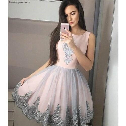 2019 Blush Pink Gray Homecoming Dress A Line Appliques Juniors Sweet 15 Graduation Cocktail Party Gowns Plus Size Custom Made
