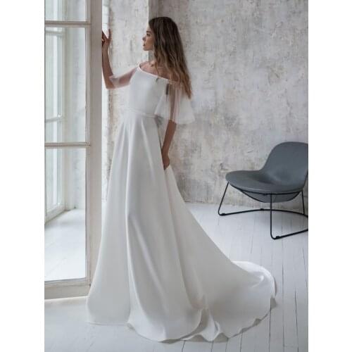 Simple Elegant Off Shoulder Bridal Gown Beach Outdoor Party Short Tulle Sleeves Beads Hollow 2021 Wedding Dress Vestido De Noiva
