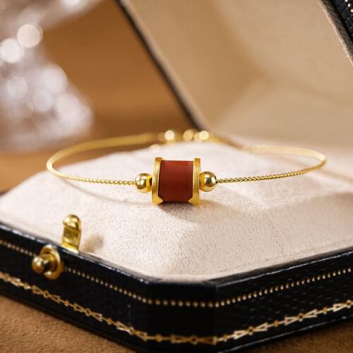 S925 Sterling Silver Inlaid Natural South Red Agate Bracelet Personality Simple Fashion All-Match Womens Adjustable Hand Jewelr