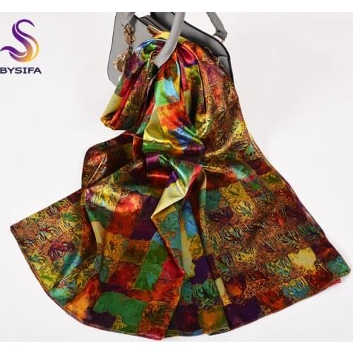 [BYSIFA] Gold Women Satin Silk Scarf Shawl Printed Spring Fall Ladies Long Scarves Ladies Elegant Muslim Head Scarf 160*70cm