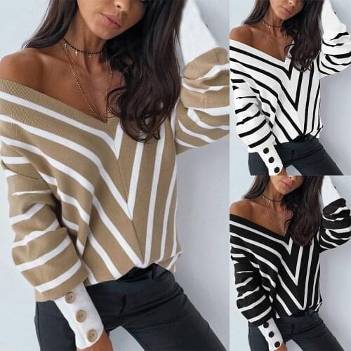 Women Fashion Off Shoulder Knitted Sweater Sexy V Neck Long Sleeve Striped Loose Pullover Spring Auutmn Bottoming Shirt