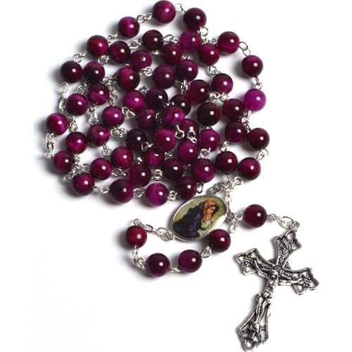 High Quality Purple Tiger Eye Stone Bead Our Lady of Street Center Rosary Necklace