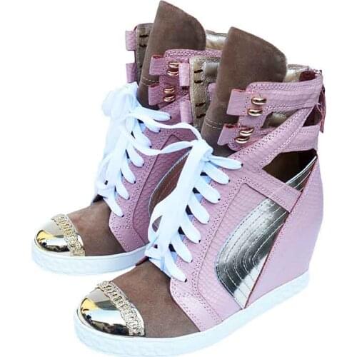 Golden Metal Plated Toe Suede Patchwork Sneaker High Top Cut Out Casual Shoes Side Crystal Striped Ladies Increased Heel Shoes