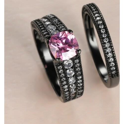 Punk Female Pink Crystal Stone Ring Set Luxury 14KT Black Gold Wedding Rings For Women Charm Bride Round Zircon Engagement Ring