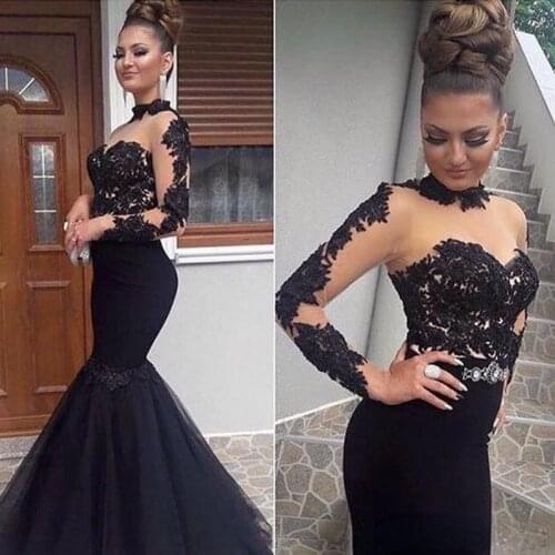 Modern High Neck Prom Dresses Tulle Mermaid Long Evening Dress Glamorous Appliques Long Sleeves Floor Length Formal Party Gown