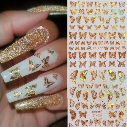 1PC Golden Butterfly 3D Nail Stickers Holographic Foil Wraps Transfer Decals Nail Art Decorations Manicure Adhesive Sliders