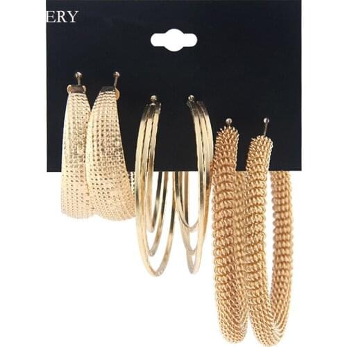 BLIJERY 3 Pairs/Set Fashion Gold Color Oversize Metal Hoop Earrings Set For Women Irregular Big Circle Earring Statement Jewelry