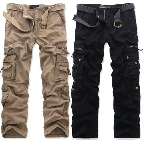 Mens Army Cargo Cotton Pants Outdoor Trousers Loose Trendy Solid Camouflage New Pockets 5Colors Plus Size