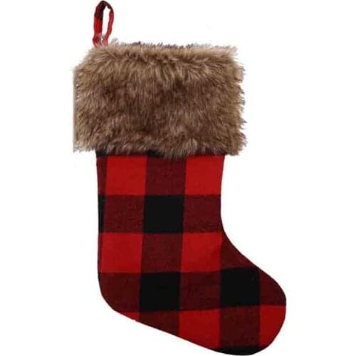 Black Red Plaid Christmas Stockings With Brown Faux Fur Tree Window Fireplace Hanging Ornaments Candy Gift Bags For Xmas Party