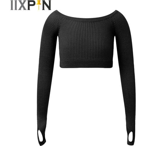 Kids Girls Ballet Dance Crop Top Long Sleeve Stretchy Tight Ballet Dancewear Gymnastics Workout Fitness Knitted Sweater Crop Top