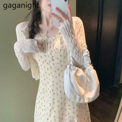 Gaganight 2021 New Fashion Womens 2 Pieces Set French Slash Neck Floral Spaghetti Strap Dress+Summer Knitted Cardigan Tops Suit