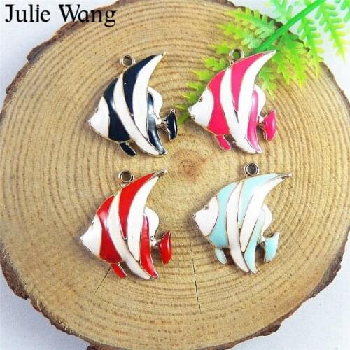 Julie Wang 6PCS Alloy Golden Base Colorful Enamel Tropical Fish Charm Pendant DIY Necklace Findings Jewelry Making Accessory