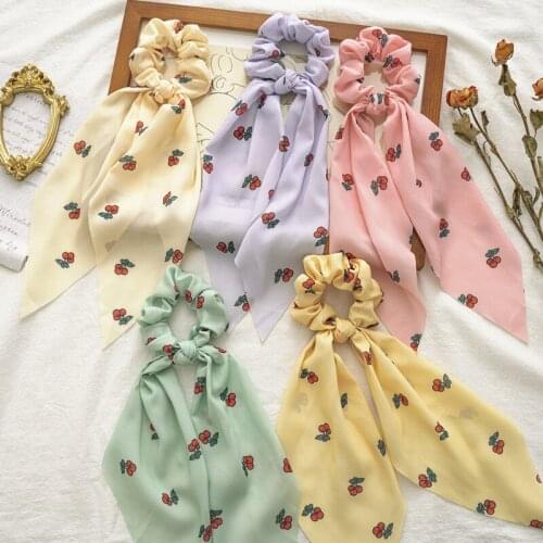 Korean Cute Fruit Long Ribbon Scarf Hair Scrunchies Sweet Elastic Hair Tie For Women Girls Fashion Cherry Headwear Accessories
