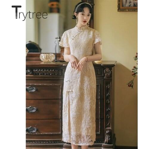 Trytree Summer Women Casual Dress Floral Lace Chinese Style Stand Collar Side Split Hem A-line Vintage Cheongsam Mid-Calf Dress