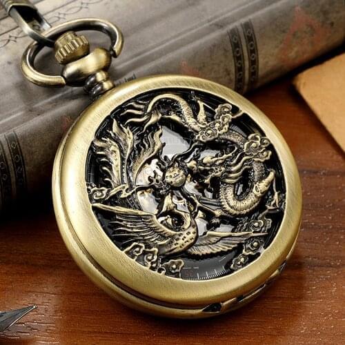 Retro Mechanical Pocket Watch Double Dragon Play Ball Steampunk Skeleton Hand-wind Flip Clock Fob Watch With Chain Gift