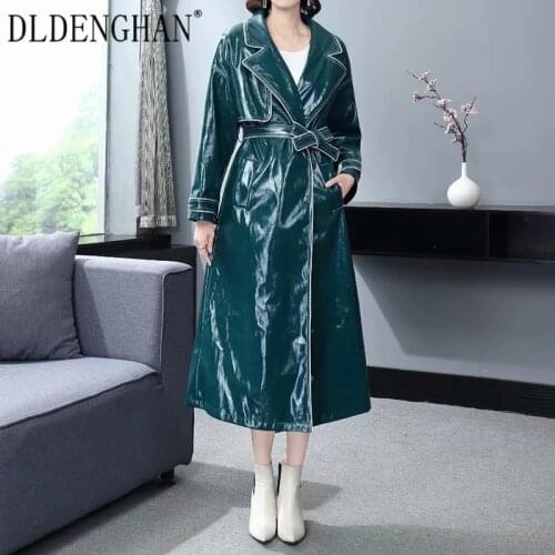 DLDENGHAN Fashion Runway Designer Autumn Winter Long Trench Women Lace Up Turn-down Collar Long Sleeve Casual Green Outwear