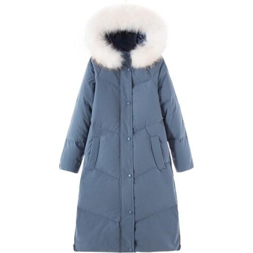 Luxury Winter Women Down Parkas Coats Raccoon Fur Hoody Lady X-Long Overcoats Female Warm Clothing VF9107
