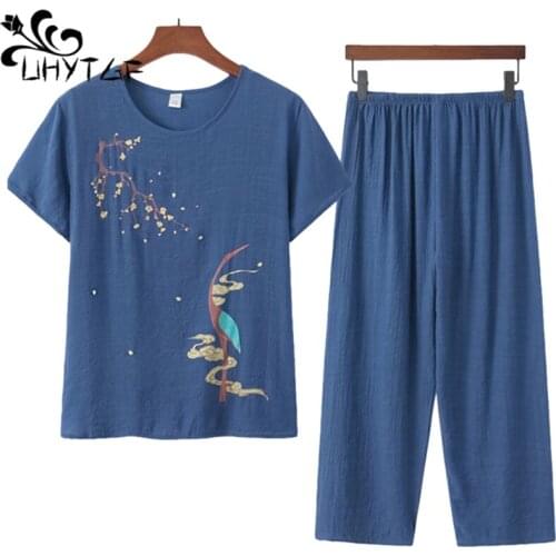 UHYTGF Middle-Aged Elderly Summer Pajamas For Women Thin Cotton Linen Two-Piece Set Female Home Clothes Plus Size Sleepwear 1343