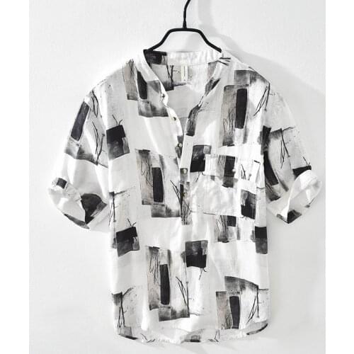 M1090 Japanese Style Half-Sleevd Shirts Vintage Men Floral Printed Summer Linen Stand-Up Collar Thin Breathable Youth Pullovers