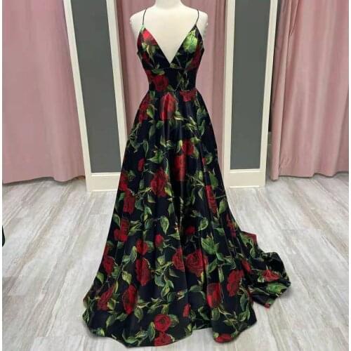 Sexy A-Line Long V-Neck Evening Dresses with Pockets Floral Floor Length Criss Cross Back Spaghetti Formal Party Dress for Women