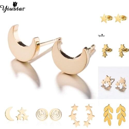 Fashion Minimalist Moon Star Earrings Ear Studs Tiny Leaf Stud Earings Stainless Steel pendientes Jewelry Women Accessories Gift