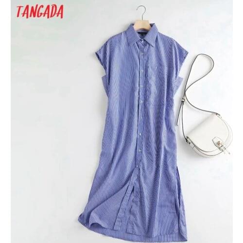 Tangada 2021 Summer Women Blue Striped Print French Style Oversized Dress Ladies Sundress 4C121