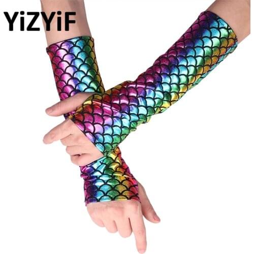 YiZYiF Mermaid Arm Sleeves Glove Fish Scale Pattern Printed Fingerless Long Gloves Arm Sleeves Adult Halloween Costume Accessory