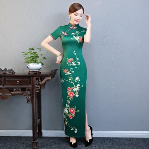 Green Evening Party Dress Vintage Cheongsam Chinese Mandarin Collar Flower Print Lady Satin Slim Long Qipao Big Size 3XL 4XL 5X
