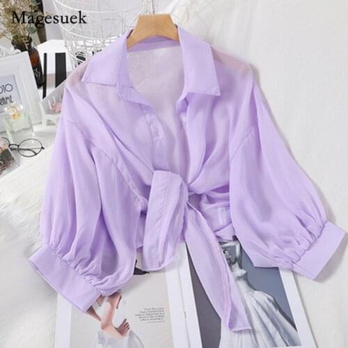 Women Solid Elegant Solid Women Shirt Loose Casual Women Tops And Bloues 2021 Summer Half Sleeve Button Up Chiffon Shirts 9776