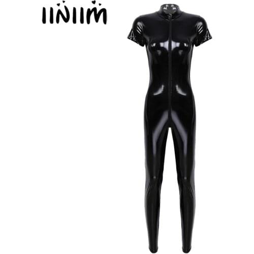 Women Female Glossy Wetlook Bodycon Patent Leather Stand Collar Zippered Bust Crotch Bodysuit Catsuit Sexy Clubwear Costumes