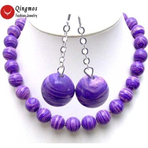 Qingmos 14mm Round Light Purple Stripe Agates 18" Chokers Necklace for Women with Dangle Round Earrings for Women Set Jewelry