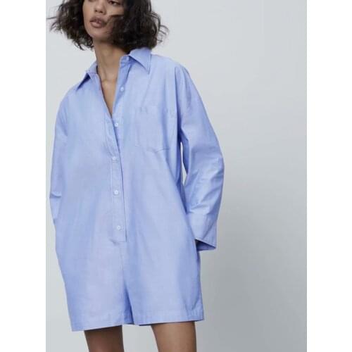 2021 ZA Summer Women Playsuits New Loose Long Sleeve Turn Down Collar Jumpsuit Casual Straight Playsuits Striped Printed Outwear