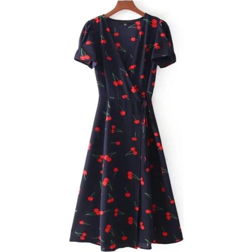 Summer Women Dress Sweet Floral Print A -Line Short Sleeve V Neck Massagers Bow Waist Dresses