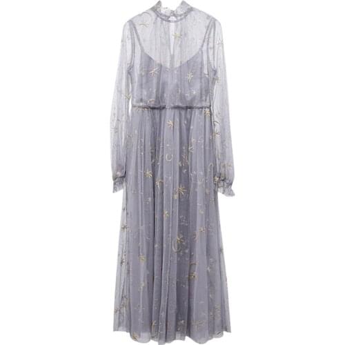 2018 Spring Summer Star Moon Pattern Women Dress Thin Yarn Fairy Style Transparent Sleeve Dresses Fashion Vacation Vestidos