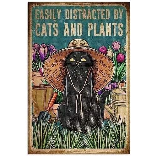 Retro Metal Tin Sign for Wall Decor, Cat Plant Metal Tin Sign, Wall / Bar Decor