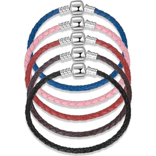 100% Genuine 925 Sterling Silver Round Leather Cord Braided Bracelet Women Chain Jewelry Rope Bracelets Accessories 2021
