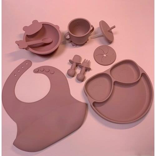 9 Sets Baby Silicone Bib Fork Spoon Dishes Plate Bowl Baby Feeding Tableware BPA Free Food Grade Supplies Newborn Accessories