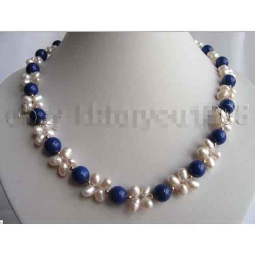 18" Handwork Natural Freshwater White Pearl Lapis Lazuli Necklace