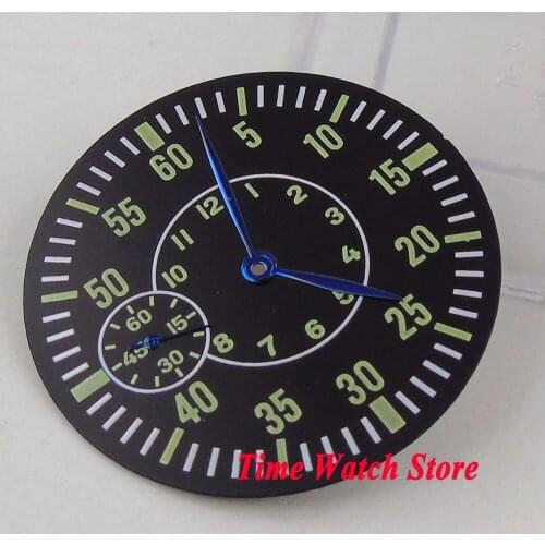 38.5mm black dial luminous 24 hours Fit for ETA 6497 hand winding Movement watch dial + blue hands D136