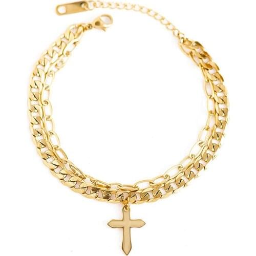 Gothic Cross Charm Bracelets For Women Stainless Steel Gold Color Multilayer Curb Cuban Chain Bracelets Bangles Accessories