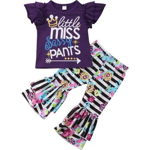 2PCS Kids Girls Striped Set Summer Ruffles T-shirt+Flare Pants Outfits Clothes Set