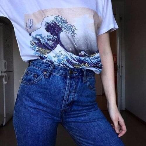 Kuakuayu HJN Summer Unisex Tumblr Fashion Hokusai Japanese Painting Under The Wave Off Kanagawa White T-Shirt