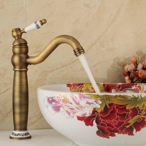 Basin Faucets Brass Antique Wash Basin Cold And Hot Water Tap Single Hole Retro Blue And White Porcelain Bathroom Sink Faucets