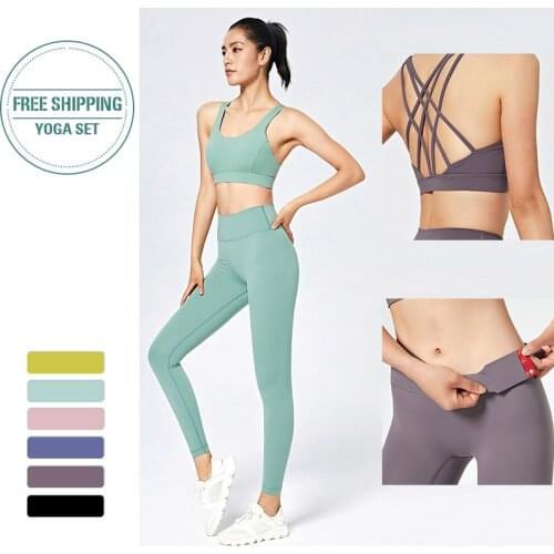 Bra + Pants 2 Pcs yoga set Fitness Sports Suits GYM Women Suits High Waist Running Leggings Pocket Workout Leggin Sport Clothing