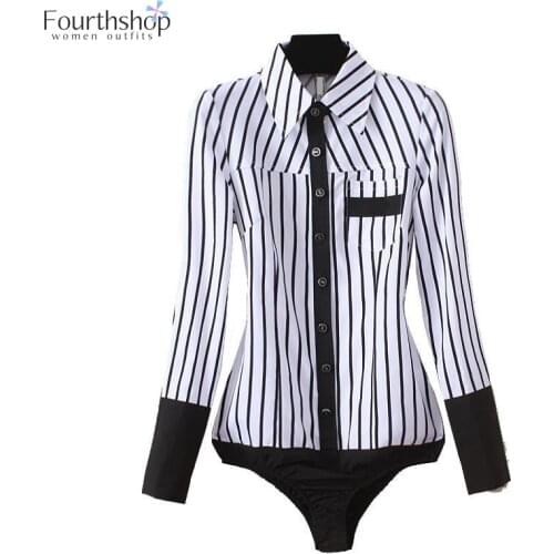 Fashion Stripe Blouses and Tops for Women Office Lady Work Body Shirt Long Sleeve Bodysuit Female Rompers Autumn Jumpsuit 2021